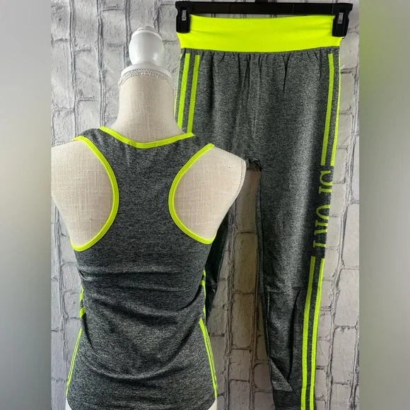 F&F Size: One Size Sport Workout Set Sleeveless Top/Leggings Gray/Neon - Picture 6 of 11